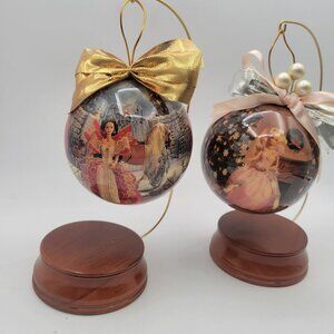 Barbie Holiday Decoupage Ornament Lot of 4" Round Ornaments w/ Wooden Stands